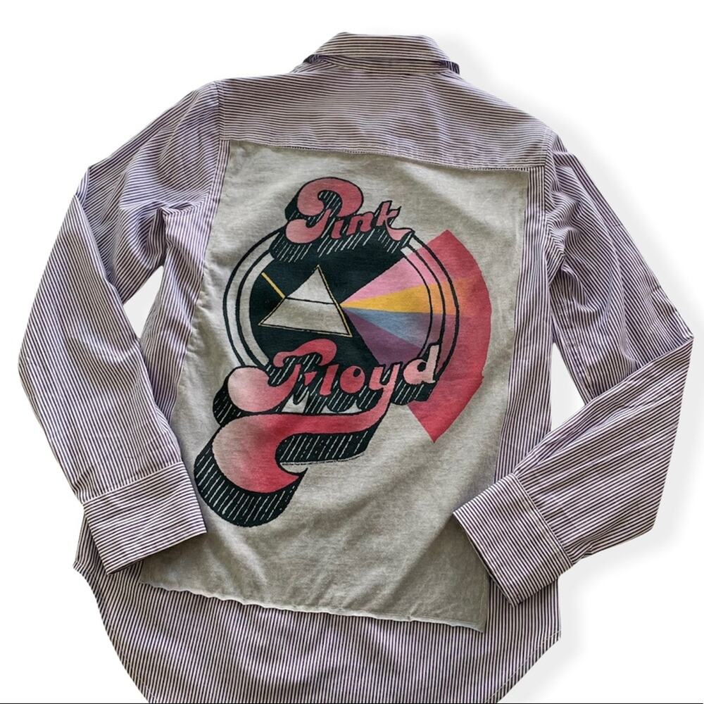Reworked Apparel Pink Floyd Custom Upcycled Striped Button Up Shirt Womens Small
